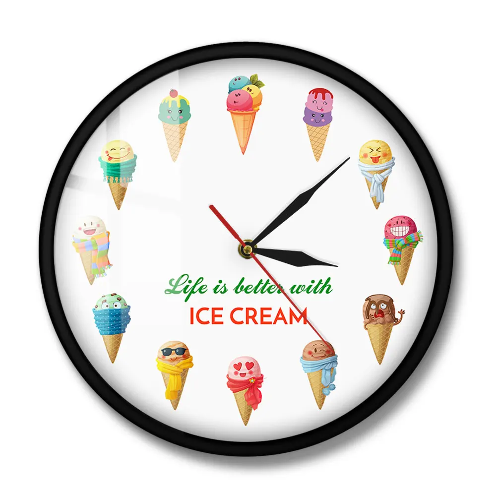 Life is better with ICE CREAM Cartoon Ice Cream Printed Dessert Wall Clock Kid Room Nursery Wall Art Kitchen Clock Wall Watch 3