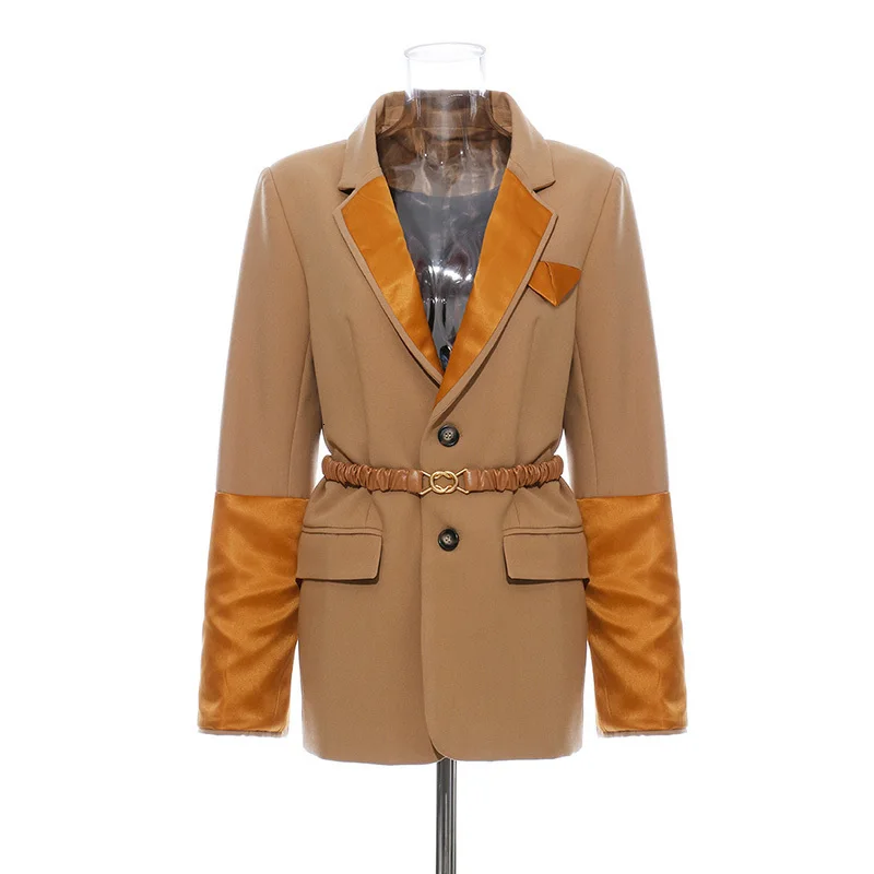 Hit Color Patchwork Blazers Female Notched Collar Long Sleeve Tunic With Sashes Autumn Suits For Women Fashion Tide