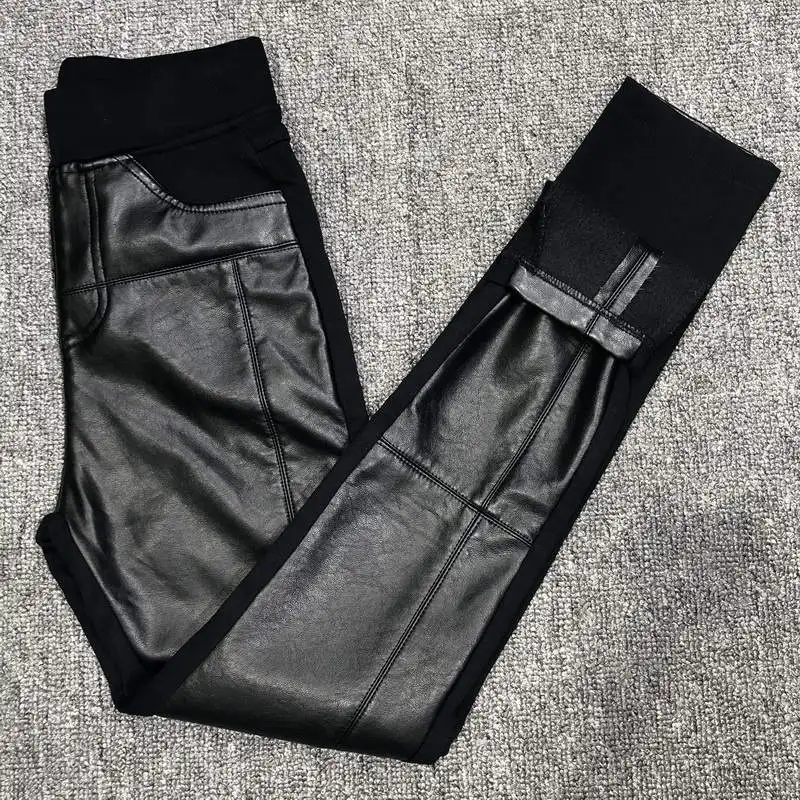 Plus Size 4XL 5XL PU Leather Stitching Leggings Winter Velvet High Waist Black Women Warm Skinny Long Pants C6023 | Женская одежда