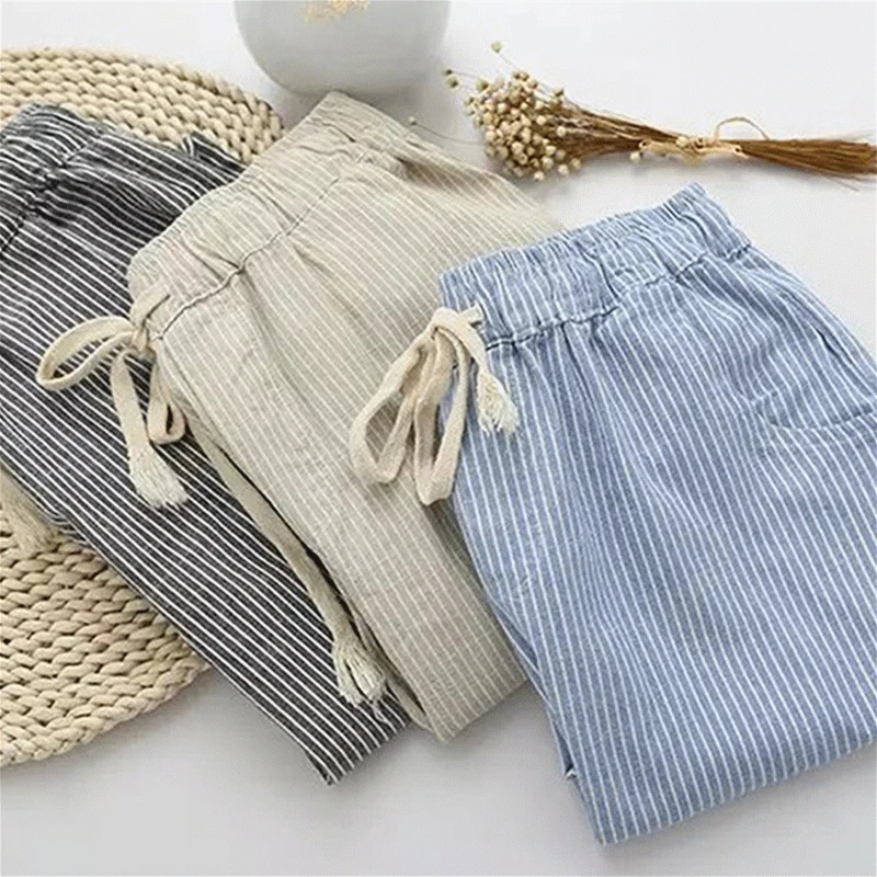 GAOKE-Pantalones informales de lino y algodón para mujer, a la moda holgado pantalón largo, con cintura elástica, rectos, a rayas, 2021