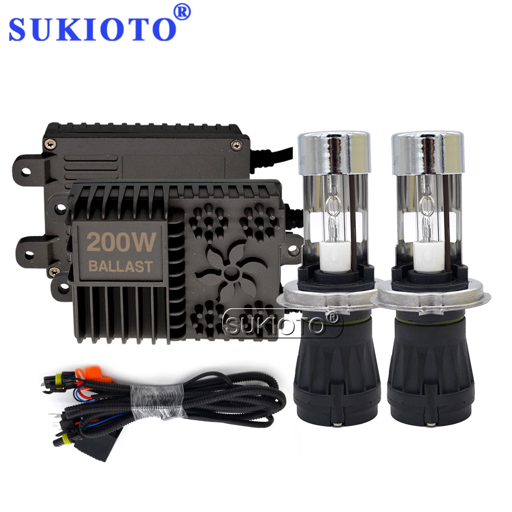 SUKIOTO 12V 200W HID Xenon Ballast Car Headlight H4 Bixenon Bulbs Kit H4-3 Ceramic High Low Beam Bulb 4300K 5000K 6000K 8000k