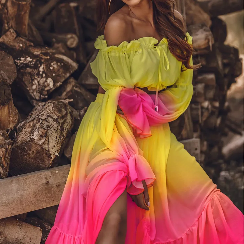 Beach Cover Women Mesh Sheer Bikini Cover-ups Set Gradient Color Long Sleeve Tie-Up Crop Tops+Cover Up Skirts Female Swimwear Beach Dresses