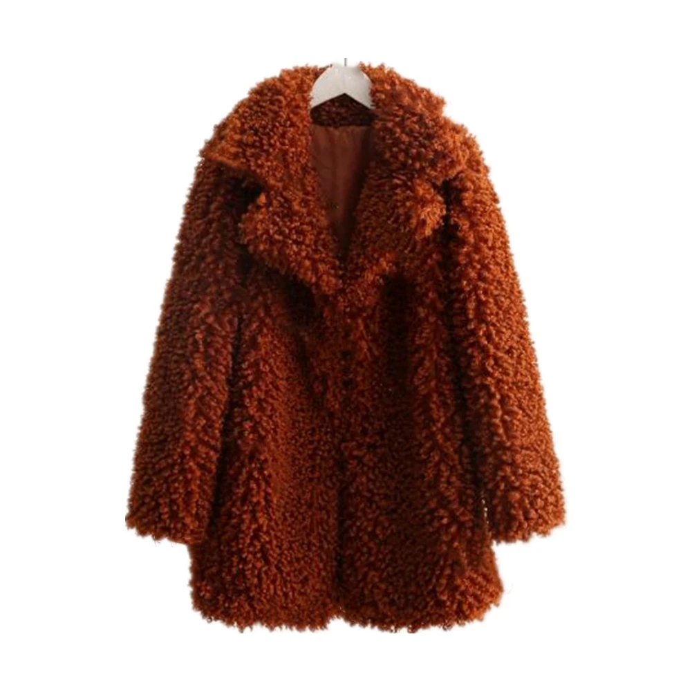Женское зимнее пальто с длинным рукавом из искусственного меха плюшевое пальто куртка модная куртка из овечьей шерсти пальто толстое теплое пальто из лисьего меха Верхняя одежда - Цвет: Коричневый