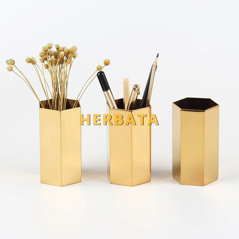 Pen Pencil Holder Gold Hexagonal Multifunction Desk Organizer Container Stainless Steel Desktop Storage for Home Office CL-2565