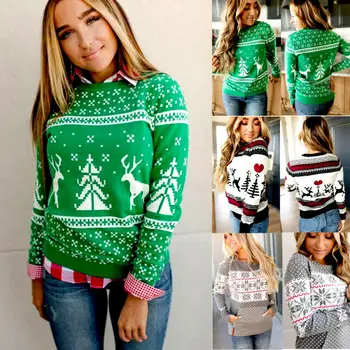 

Women Lady Long Sleeve Round Neck Christmas Santa Xmas Print Sweater Jumper Winter Pullover Fit Casual Slim Tops Reindeer