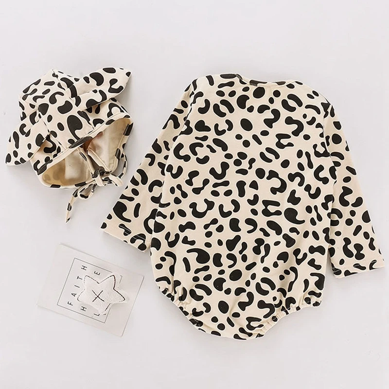 Baby Leopard Print Bodysuit Newborn Girls Romper Jumpsuits Long Sleeve Playsuit Cartoon Lace-up Hat New Infant Girl Clothes