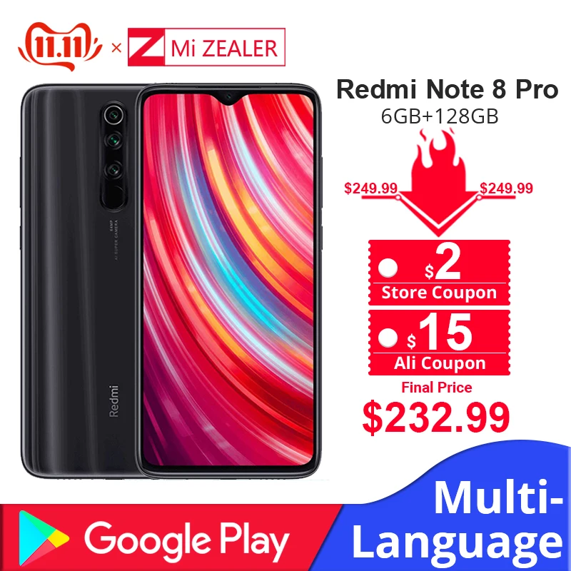 

Global Version Xiaomi Redmi Note 8 Pro 6GB RAM 128GB ROM MTK Helio G90T 6.53" Moible Phone 64MP Camera Cellphone