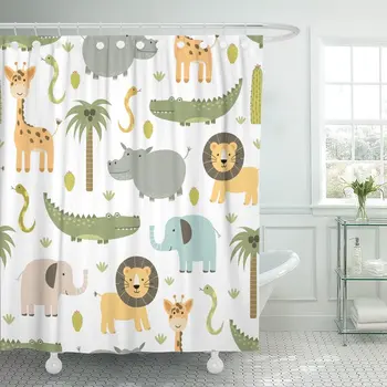 

Shower Curtain Safari Animals with Cute Hippo Crocodile Lion Elephant and Giraffe in Childish Style Waterproof Polyester Fabric