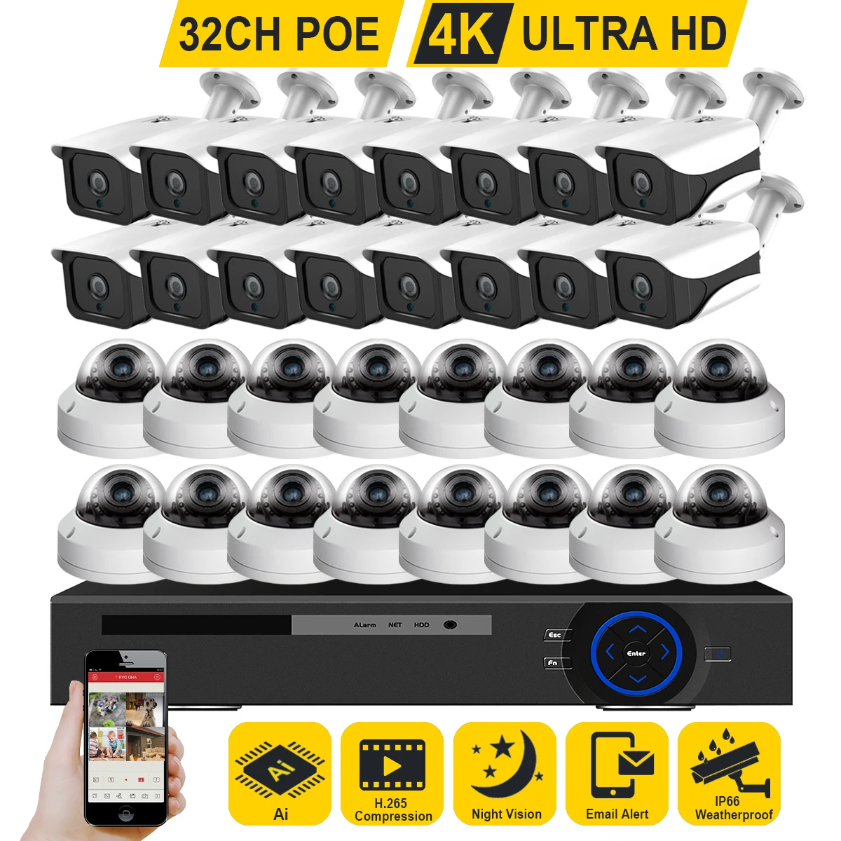 Система видеонаблюдения H.265 32 канала 4K POE комплект камер безопасности IP-камеры 8