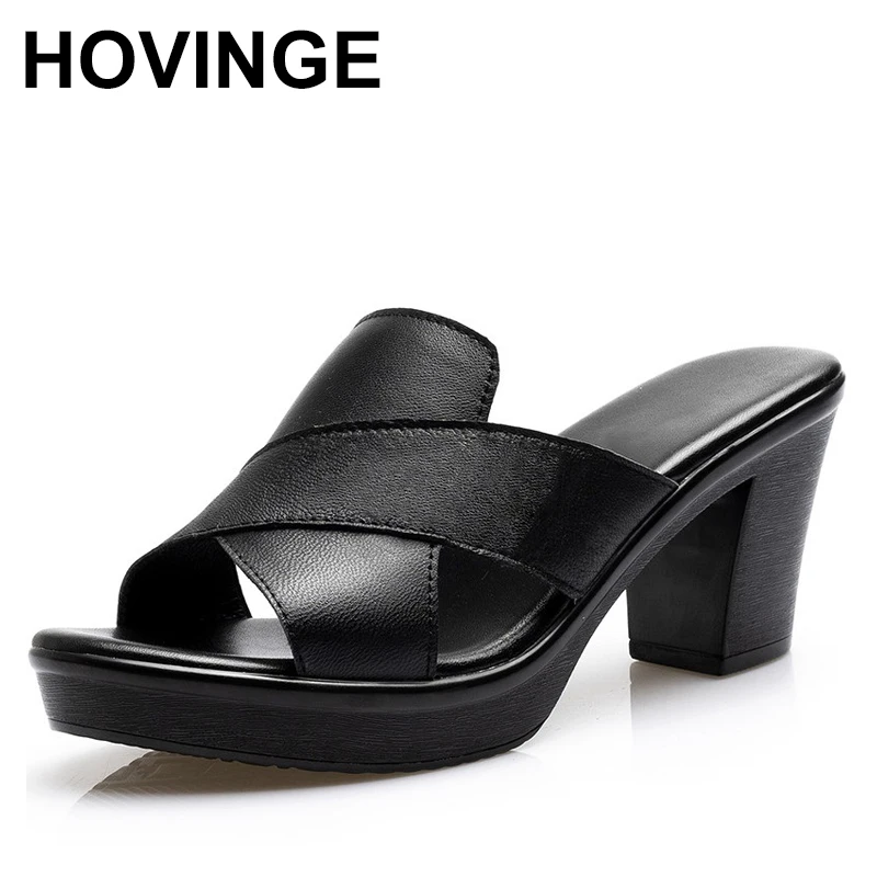 

HOVINGE women genuine leather slippers high heel women shoes summer ladies non-slip slippers comfortable women large size