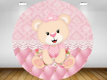 

Round circle background royal pink baby bear Backdrop princess girl baby shower birthday Party table Covers decoration YY-494