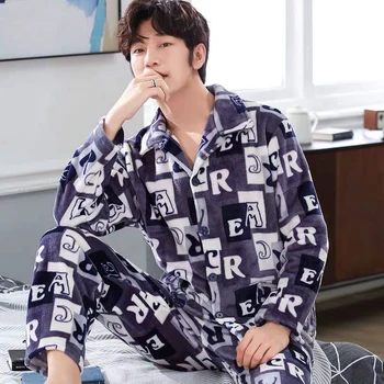 

Autumn And Winter Men'S Coral Velvet Thickened Pajamas Long-Sleeved Flannel Suit Middle-Aged And Elderly Sleepwear Home Service