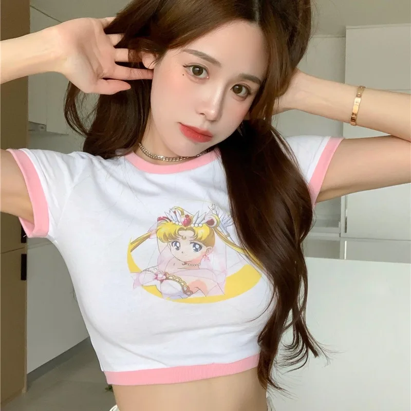 Женский топ с коротким рукавом облегающая футболка круглым вырезом и принтом