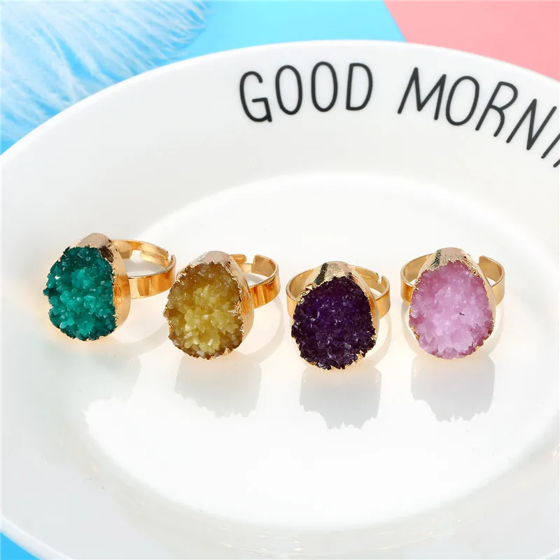 2020 New Resin Rings Geode Quartz Crystal Rings Oval Pink Blue Ring Gold Plated Rings For Women Accessories Jewelry (14)