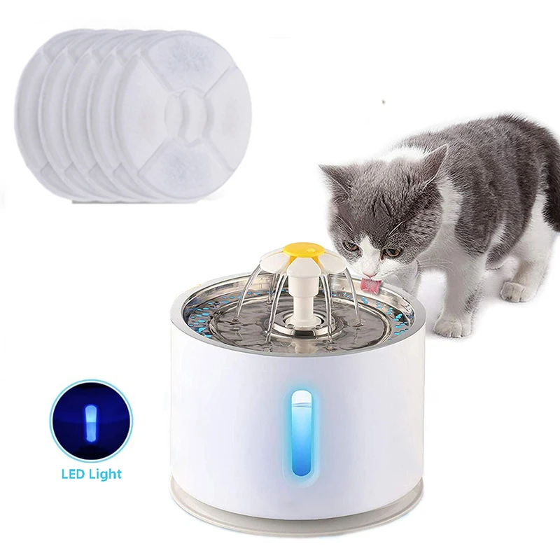 

Automatic Pet Cat Water Fountain with LED Lighting 5 Pack Filters 2.4L USB Dogs Cats Mute Drinker Feeder Bowl Drinking Dispenser