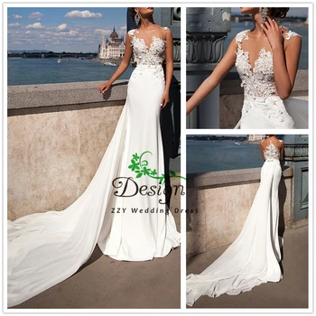 

2019 Romantic Illusion Appliques Sash Zipper Up Long Tail Wedding Dresses With Train Chiffon Dropped Custom-Made Wedding Dresses