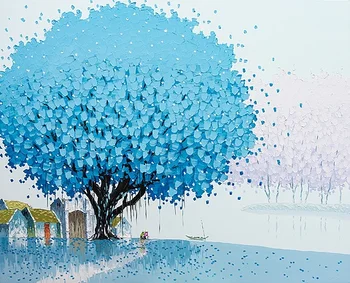 

Hand Painted Texture Painting Blue Tree Blue Glass Field Abstract Picture Decor Home Living Room Hotel Colorful