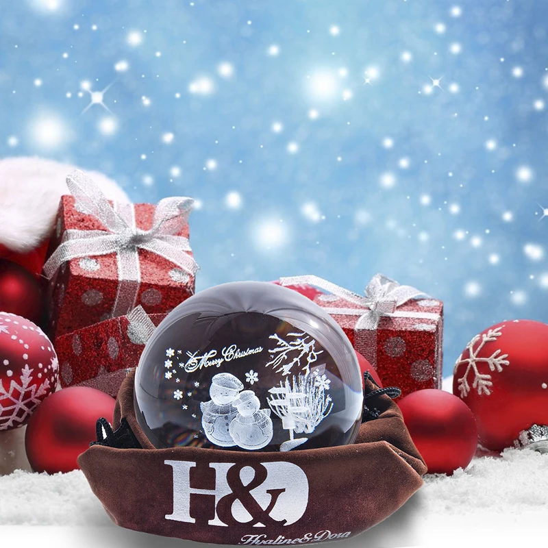 H& D 80 мм Хрустальный шар с подставкой декоративное пресс-папье 3D лазерная гравировка Снеговик стеклянный шар Сфера домашний Декор Рождественский подарок