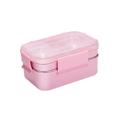 Двойной Ланч-бокс 304 из нержавеющей стали Bento Box функция изоляции пищевой контейнер простой в использовании - Цвет: Pink