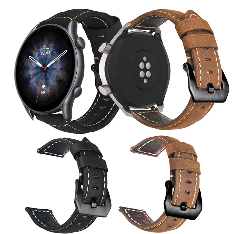 

For Amazfit GTR 3 Pro Watchband 22mm Crazy Horse Genuine Leather Strap For Amazfit GTR 3 GTR2 2E Pace Stratos Smart Watch Correa