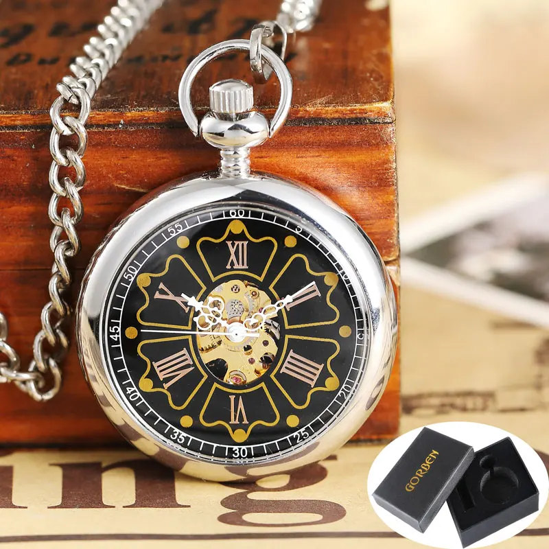 sliver with box Маленькая Корона Винтаж стимпанк Механический карманные часы ручной Ветер Серебряный Золотой Мужской Леди полые брелок цепи часы для мужчин и женщин - Цвет: sliver with box