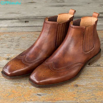 

QYFCIOUFU New Designer Men Shoes High Quality Luxury Brand Men Boots Genuine Leather Platform Fashion Dress Chelsea Brogue Boots