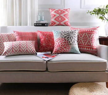 

New Coral Red Geometric Style Printed Linen Cotton Cushion Cover Decorative Sofa Throw Pillow Car Chair Home Decor Pillow Case