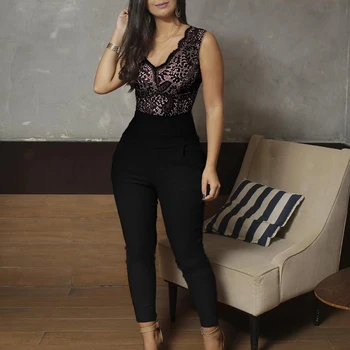 

Women Jumpsuit Black Lace Patchwork V Neck Sleeveless High Waist Elegant Office Ladies Work Wear Female Slim Summer Classy New