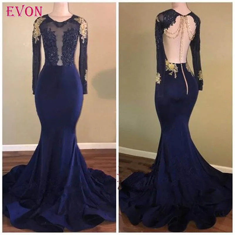Vestidos De Gala 2019 элегантные темно-синие платья для выпускного вечера с длинным рукавом и открытой спиной Вечерние платья для выпускного вечера