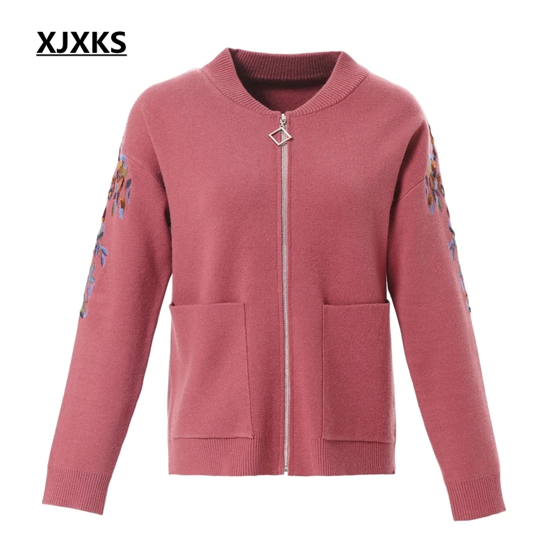 XJXKS Sueter Mujer Invierno плюс размер кардиган мода вышивка свитер на молнии пальто с длинными рукавами вязаный женский свитер