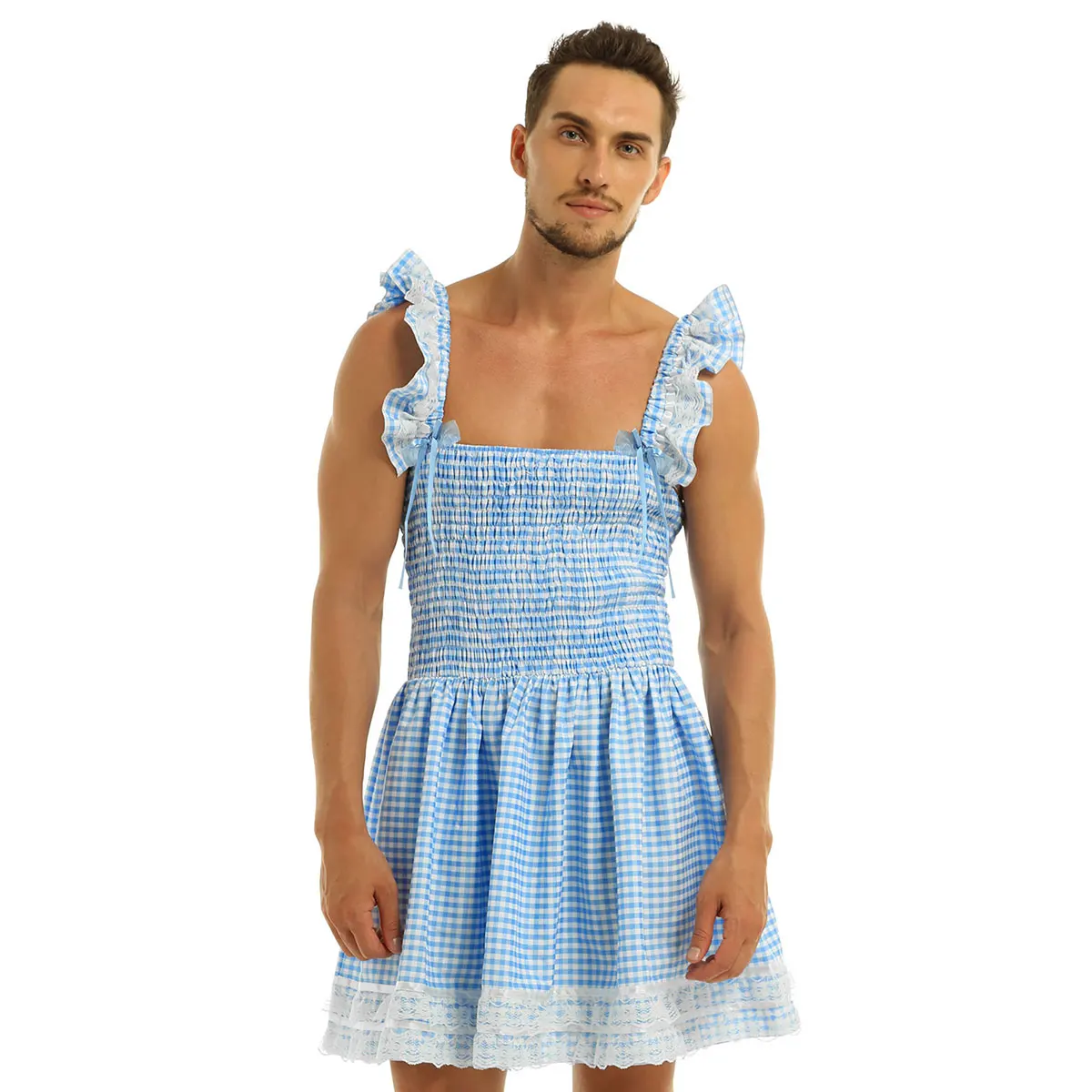 Men Sissy Dress Crossdresser Sleeveless Ruffled Stretchy Sissy Gingham Trimmed Lace Bow Dress Adults Baby Exotic Cross Dresser