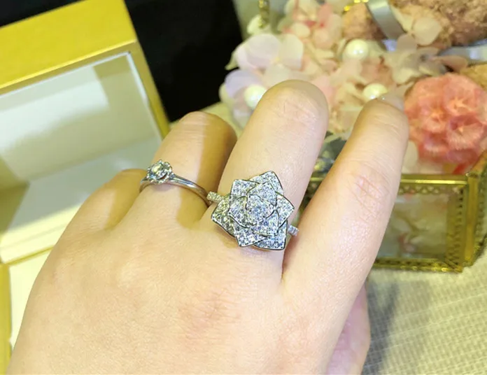 Дизайнерская мода 925 stelring серебряные украшения цирконовые розовое цветочное кольцо для женщин роскошный бренд cz Камень свадебное кольцо на палец подарок