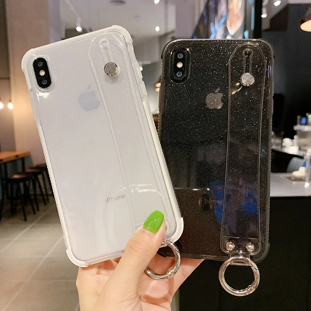 

Luxury Glitter Bling wrist strap shockproof phone cases for iPhone XS MAX X XR 6 6S 7 8 Plus transparent soft Back Cover