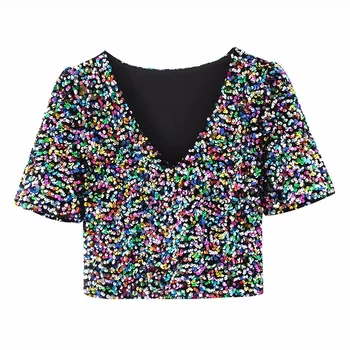 

Womens Sequinned Short Sleeve Blingbling Party Top Deep V Neck Sexy Clubwear Short Style Shirt Top FFZSY569