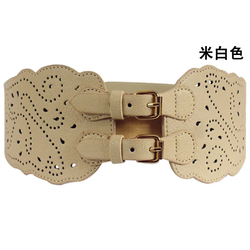 Beige Винтажный тканый пояс из искусственной кожи с двойной пряжкой, Женский широкий пояс, женский пояс с эластичной резинкой на талии, растягивающийся корсет - Цвет: Beige