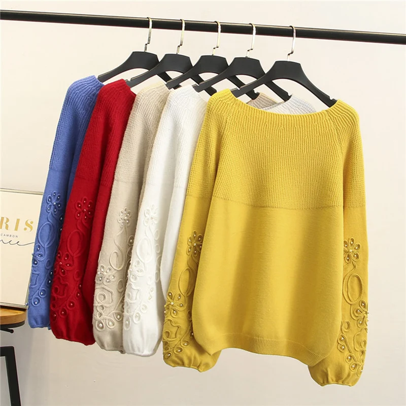 

2019 Plus size 4XL knit sweater women Spring and autumn Beading embroidery loose female Pullover sweaters 100kg can be worn G635