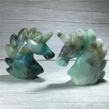 

Wholesale gemstone carving horse skulls natural quartz crystal Amazonite unicorn statues for Healing Reiki
