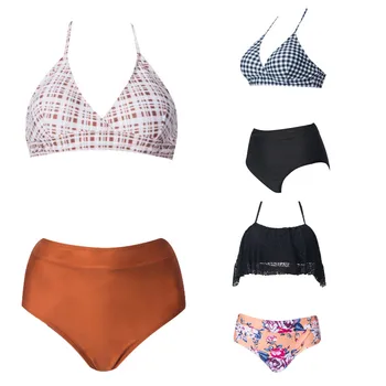 

Hot Summer Women Two Pieces Bathing Suits Plaid Print Ladies High Waisted Bottom Bikini Set Flower Printed swimming купальник