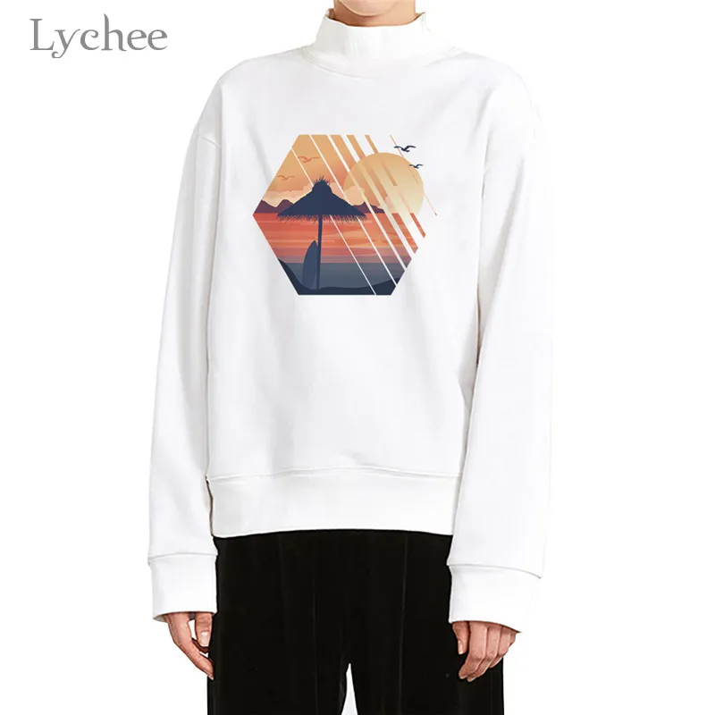 Lychee Harajuku/Женская толстовка с мультяшным пейзажным принтом, повседневный свободный Женский пуловер с круглым вырезом, весенне-осенние дамские свитшоты, топы - Цвет: Summer vacation