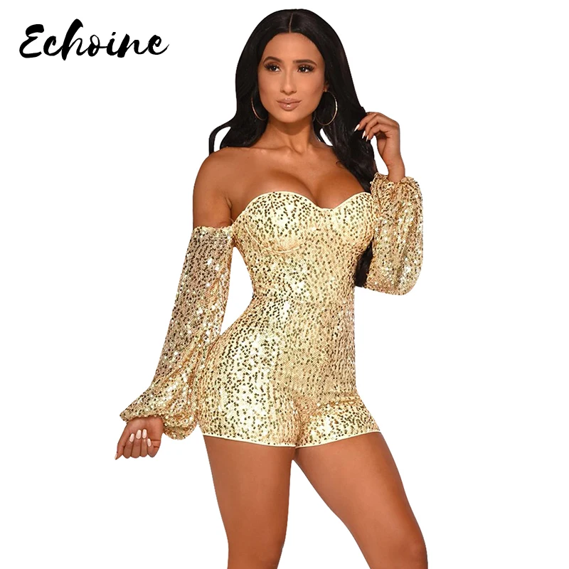 

Autumn Women Off Shoulder V-Neck Backless Sequined Bodycon Skinny Short Jumpsuits Seliver Sexy Club Night Party Rompers Playsuit