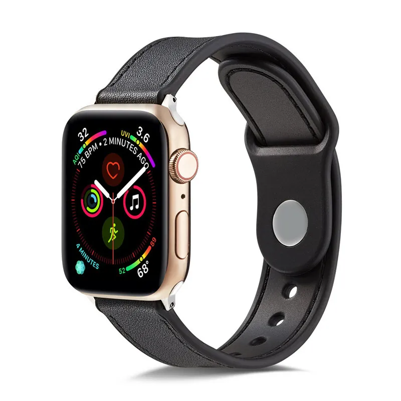 Кожаный чехол+ Силиконовый ремешок для apple watch band 44 мм 40 мм Натуральная Кожа наручных часов iwatch, 42 мм, 38 мм, ремешок для наручных часов apple watch 5/4/3/2/1 браслет - Цвет ремешка: black