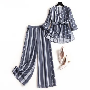 

2 piece set women wide leg pant suit new 2020 spring summer polka dot striped tops sashes V-neck asymmetric blouses blue casual