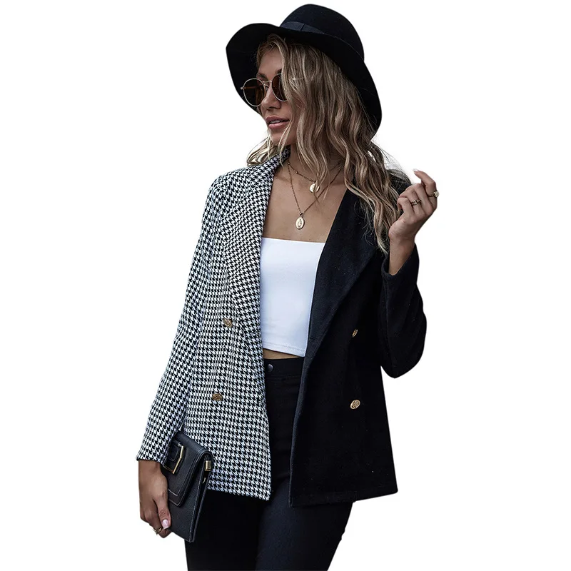 

Women Tweed Plaid Blazer Fashion Two-color Patchwork Houndstooth Jackets Autumn Work Office Lady Suit Casual Long Sleeve Blazers