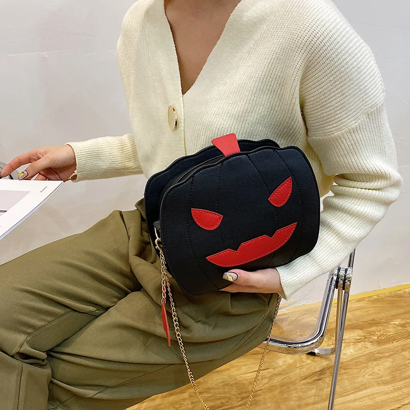 Newest Female Fanny Crossbody Handbag Halloween Devil Pumpkin Shaped Fashion Wild Fantastic Shoulder Bag with Chain Strap