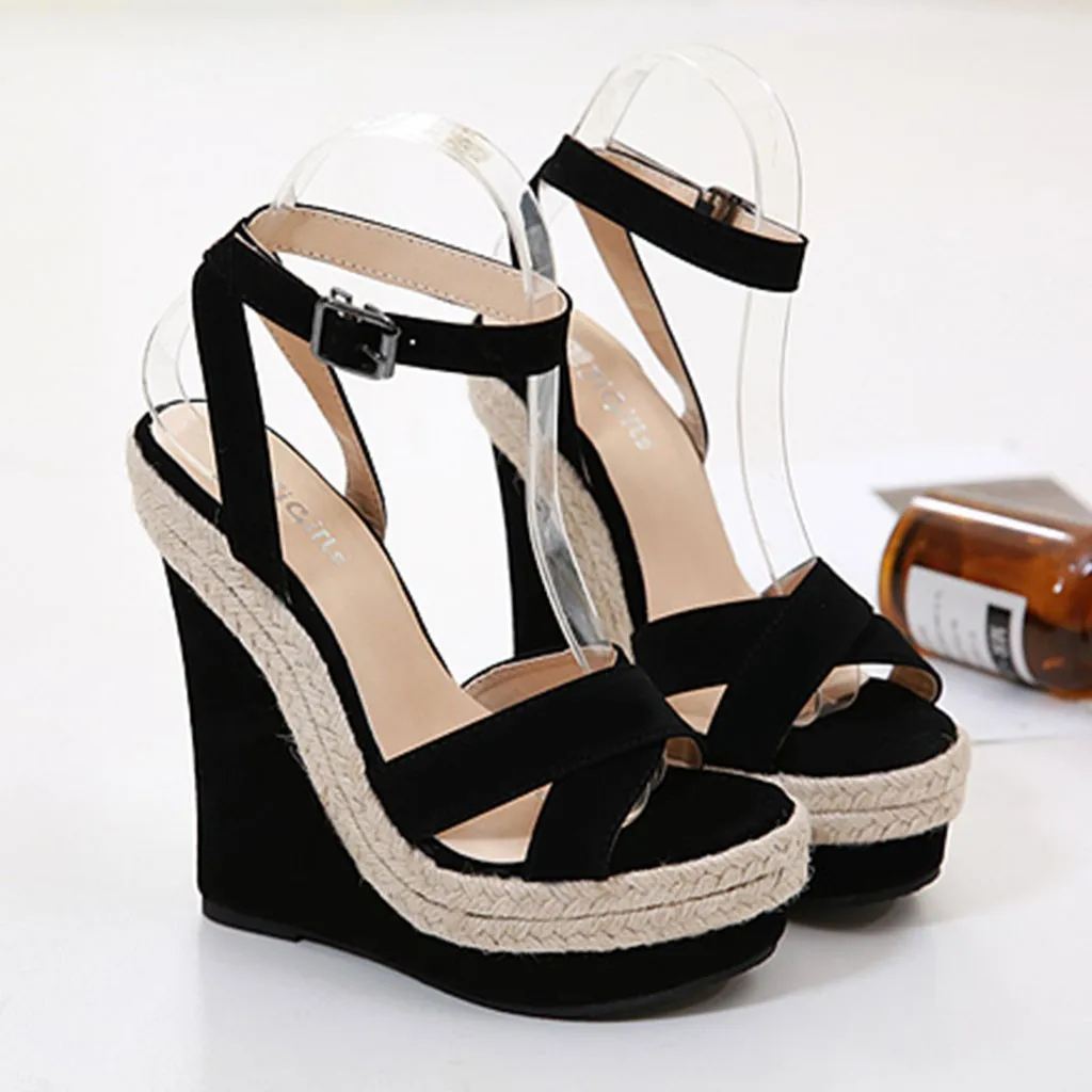 Women Wedges Sandals Super High Heels Shoes Woman Flock Platform Ankle Buckle Strap Retro Patchwork Peep Toe Black | Обувь
