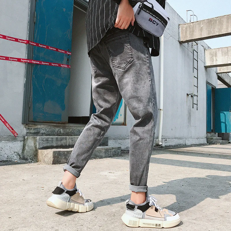 Модные однотонные мужские повседневные зауженные джинсы больших размеров Длина по щиколотку джинсовые карманы брюк Длина по щиколотку уличная одежда