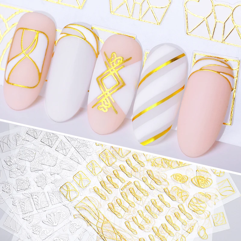 

9 Pcs/Set Gold Silver 3D Nail Stickers Mixed Patterns Adhesive Transfer Decals Multi Image Nail Art Decorations for UV Gel Nails