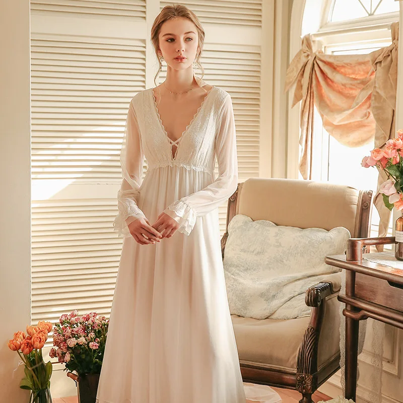 

Palace Retro Lace Women Spring Thin Long-sleeved Sexy Sleeping Clothes Womens Lingerie Nightgown V-Neck Lace Cross-sleepwear