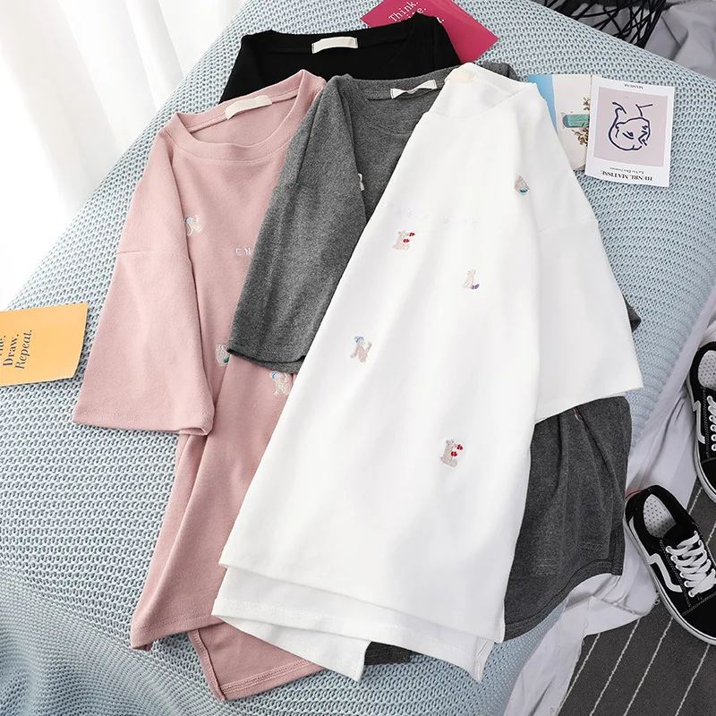 Женская футболка с вышивкой высокое качество хлопок Корейская одежда 90 s