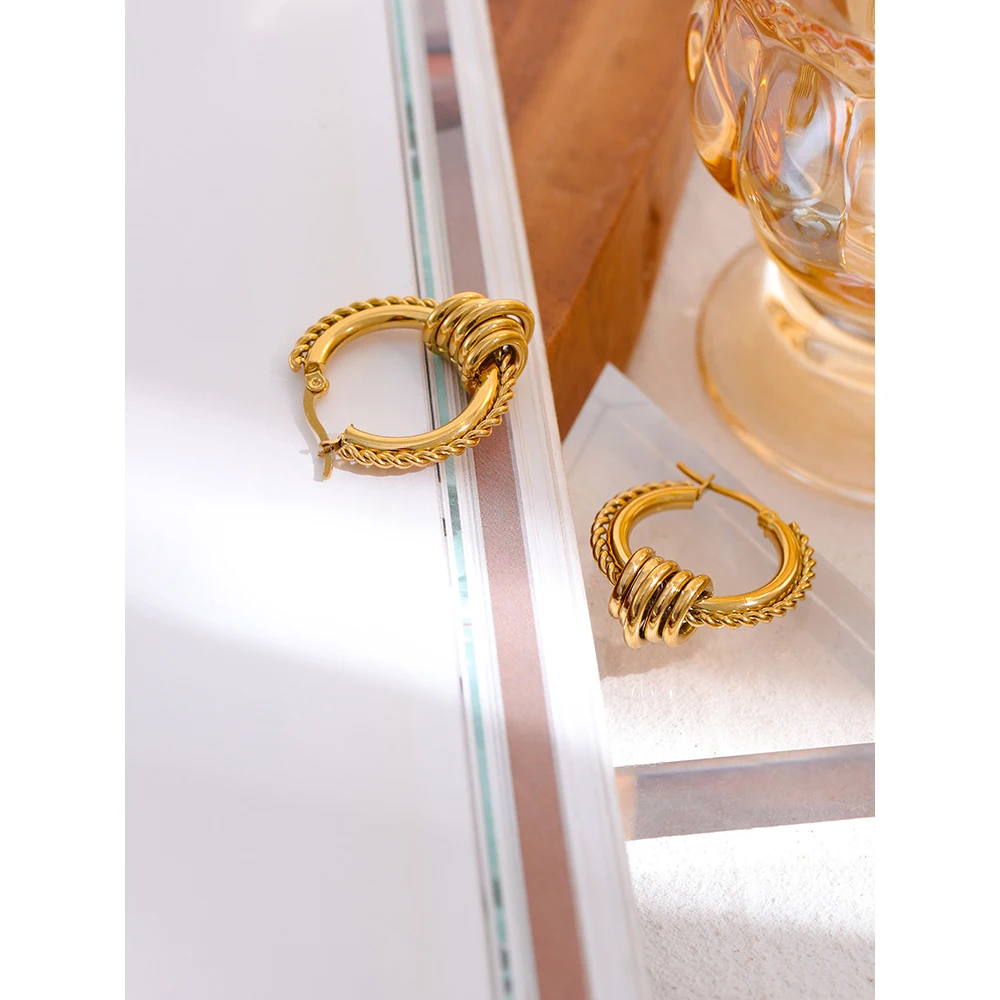 Round Unusual Jewelry Stylish Gold PVD Plated Twisted Huggie Earrings - Image 4